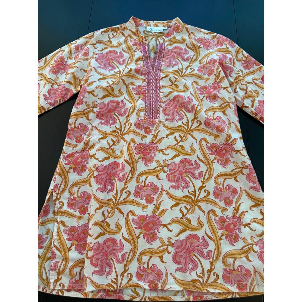 Westside Printed Cotton Tunic Shirt Womens Size M Floral Pink Sequin Lightweight - Picture 7 of 14